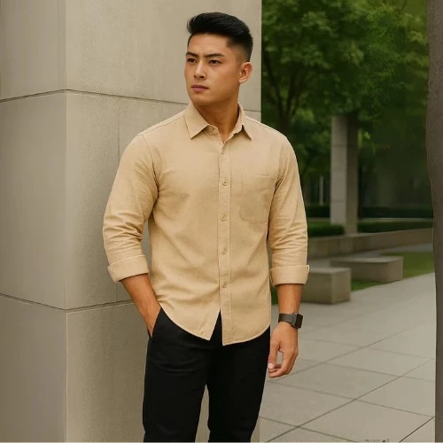 Long Sleeve Linen Kemeja Polos Pria Coffee