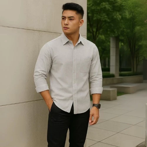 Long Sleeve Linen Kemeja Polos Pria Broken White