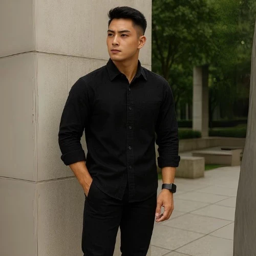 Long Sleeve Linen Kemeja Polos Pria Black