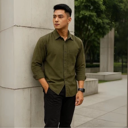 Long Sleeve Linen Kemeja Polos Pria Olive