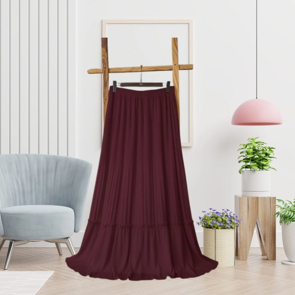 Rok Plisket 1 Susun Skirt Ruffle Wanita Anti Nerawang Burgundi