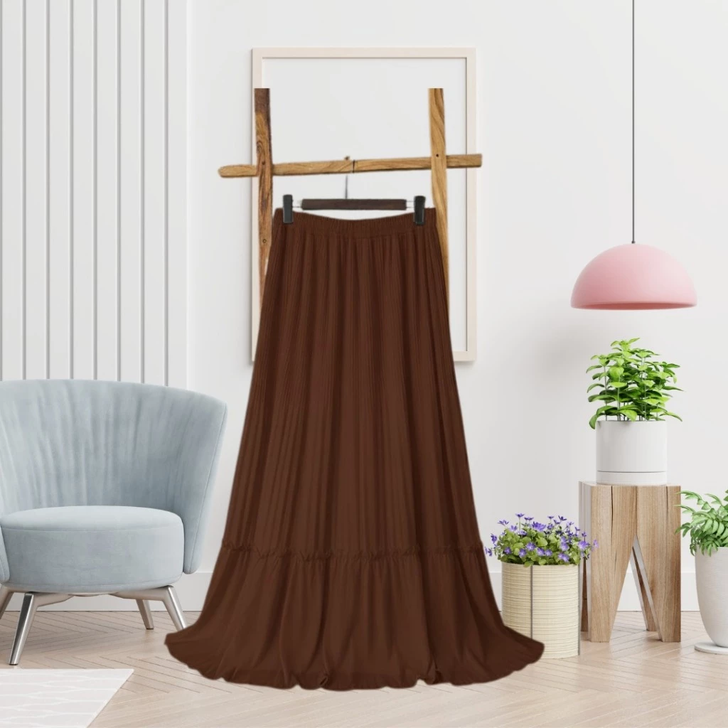 Rok Plisket 1 Susun Skirt Ruffle Wanita Anti Nerawang Cokelat Tua