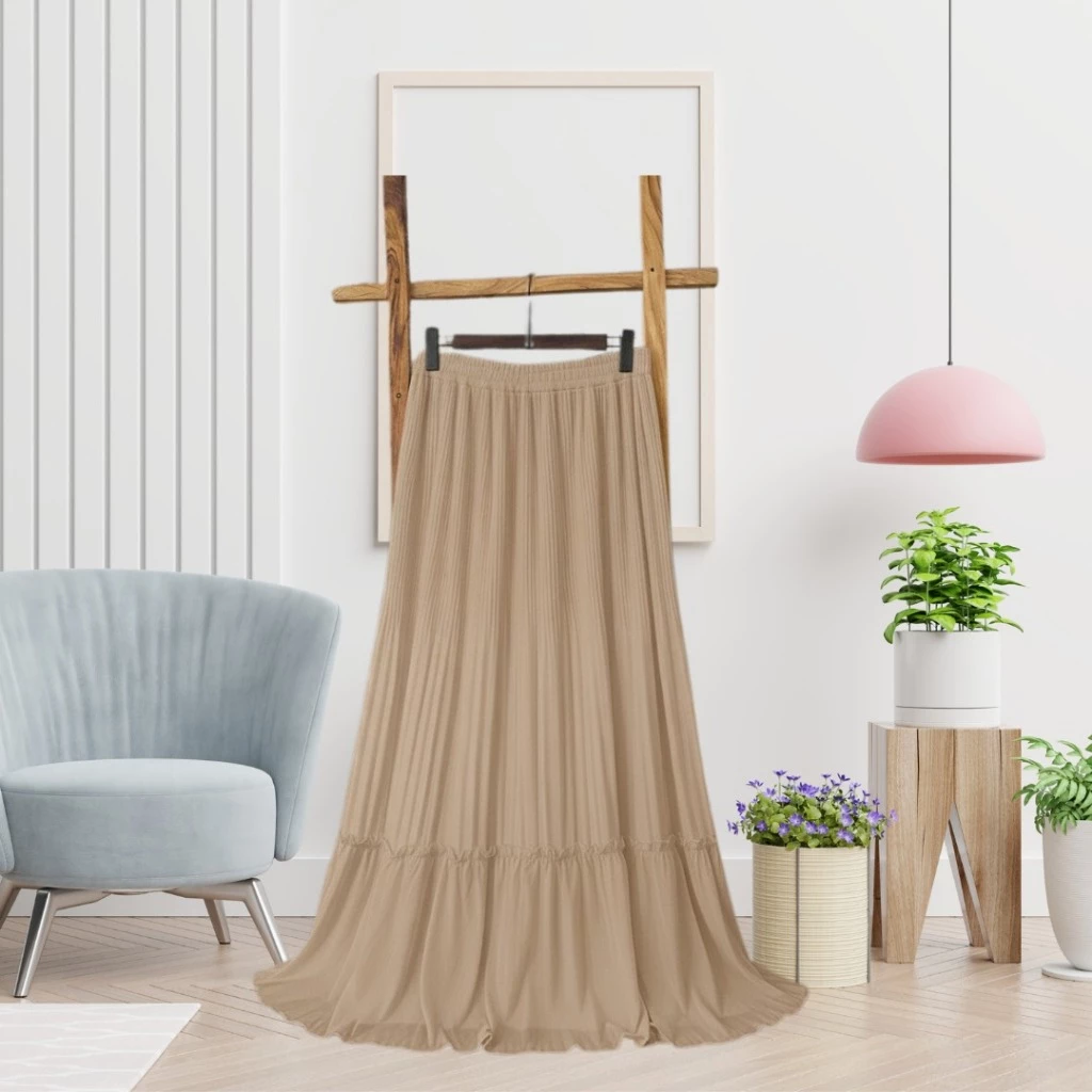 Rok Plisket 1 Susun Skirt Ruffle Wanita Anti Nerawang Cokelat Susu